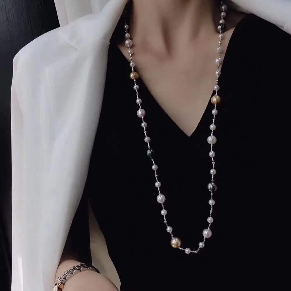 

Natural Gold Black And White Three-color Pearl Sweater Chain Imported Accessories Full Of Small Beads 6-7 Large Beads About 10mm