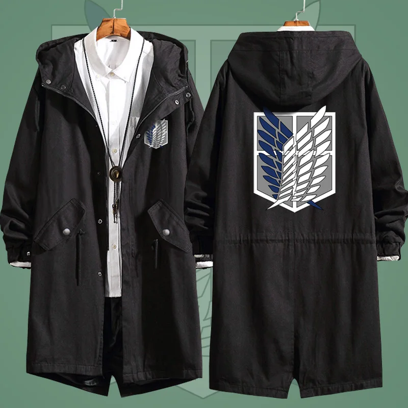 

Anime Attack On Titan Cosplay Costumes Windbreaker Autumn Spring Hooded Trench Coats Black Thin Jackets Costume For Men CS524