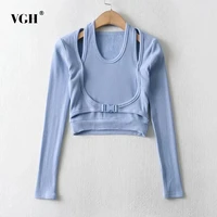 vgh casual hollow out t shirt for women o neck long sleeve sashes solid minimalist t shirts female fashion new clothing spring