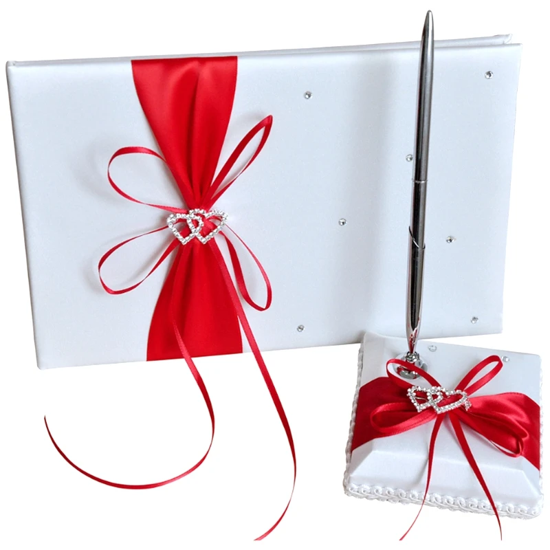 

HOT-Wedding Guest Book With Pen Holder Sets Satin Bows Signature Book With Diamonds Love Shape For Party Decorations-Red+White