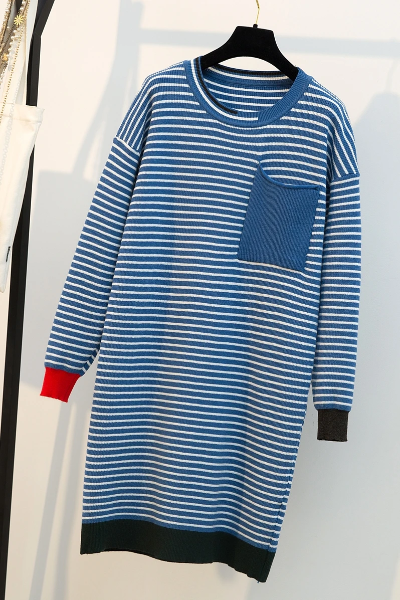 Новая женская одежда большого размера слегка толстый мм полосатый трикотажный