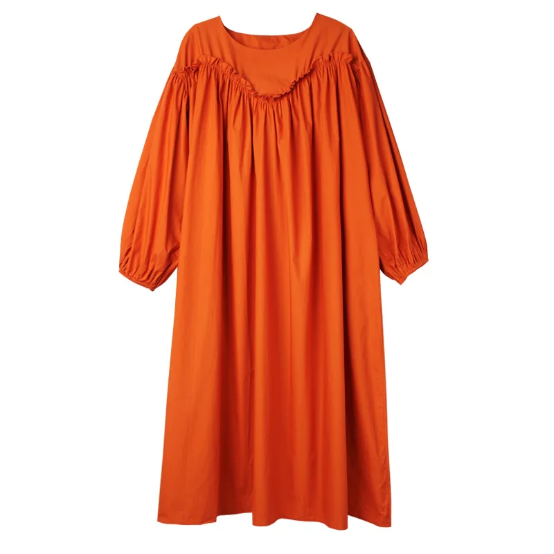 

Lantern Long Sleeve Cotton Dress Women Robes Spring Autumn Ladies Ruffles Loose Plus Size Midi Casual Dresses T7822