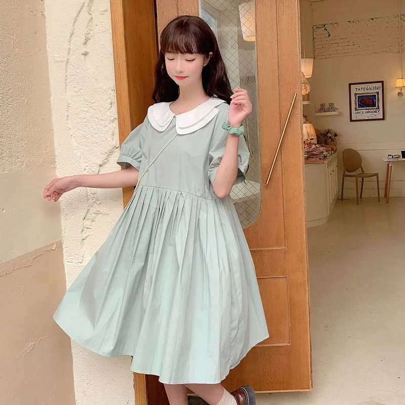 

Japanese Kawaii Mori Girl Elegant Loose Women Dress 2020 Summer Sweet Peter Pan Collar Puff Sleeve Cute Plaid Lady Dress Vestido