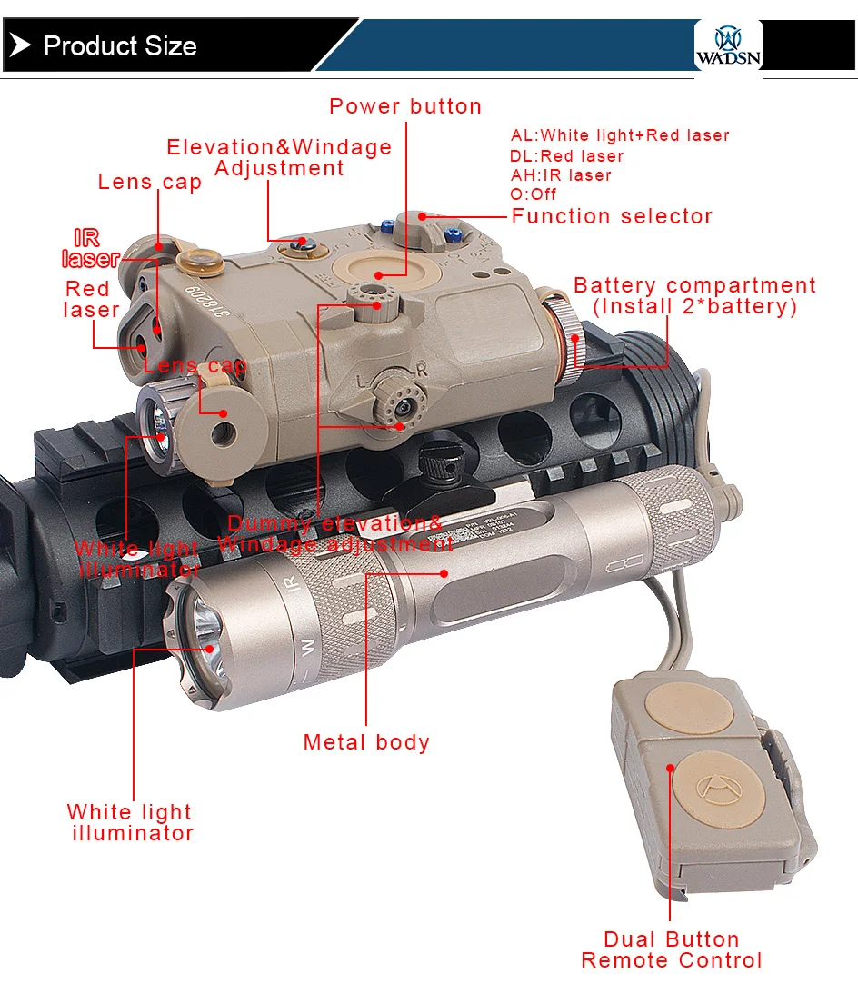 WADSN оружие страйкбол светодиодный тактический комплект включает LA-5/PEQ 15 красный ИК лазер и WMX200 фонарик и двойной пульт дистанционного управления WEX418