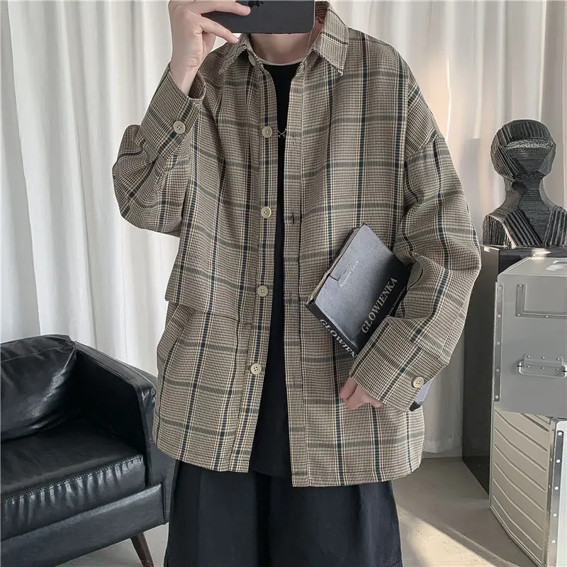 

Spring And Autumn Plaid Shirt Men's Fashion Retro Casual Shirt Men Streetwear Korean Loose Long-sleeved Shirts Mens M-2XL