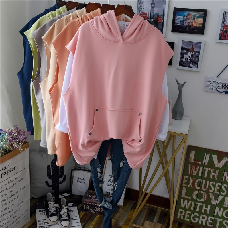 

Fall Women Casual Cotton Hooded Pullover Top Large Size Solid Loose Workout Tank Hoodie Coat Sleeveless Sweatshirt