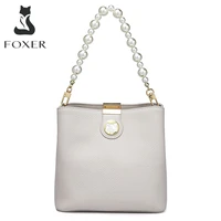 FOXER Natural Leather Ladies Pearl Portable Bucket Bag Casual Fashion Shoulder Bag Large Capacity Office Women Messenger Bag