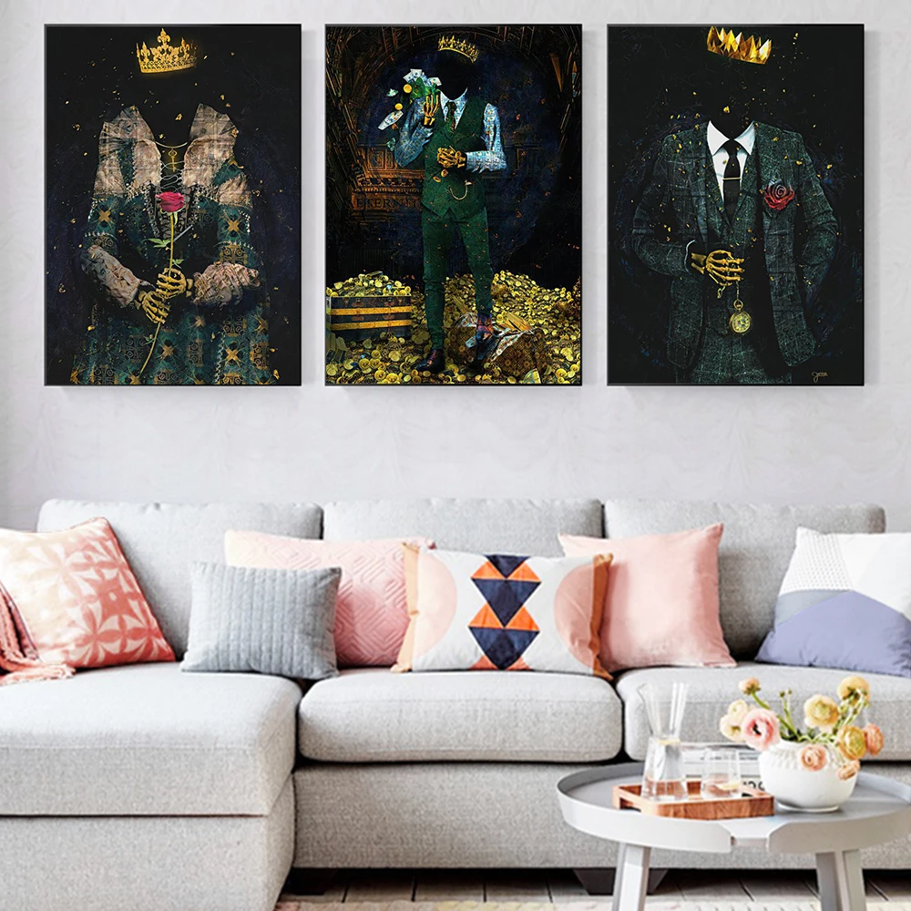 

Golden Skull Holding Gold Coins With Acrown Modern Wall Art Creative Home Decoration Accessories For Living Room Canvas Painting
