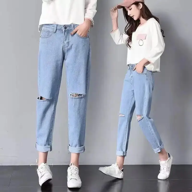 

Women's Fashion Jeans Spring Straight Loose Denim Pant For Female Blue Jeans Pants All-match Korean Style Casual Trouser