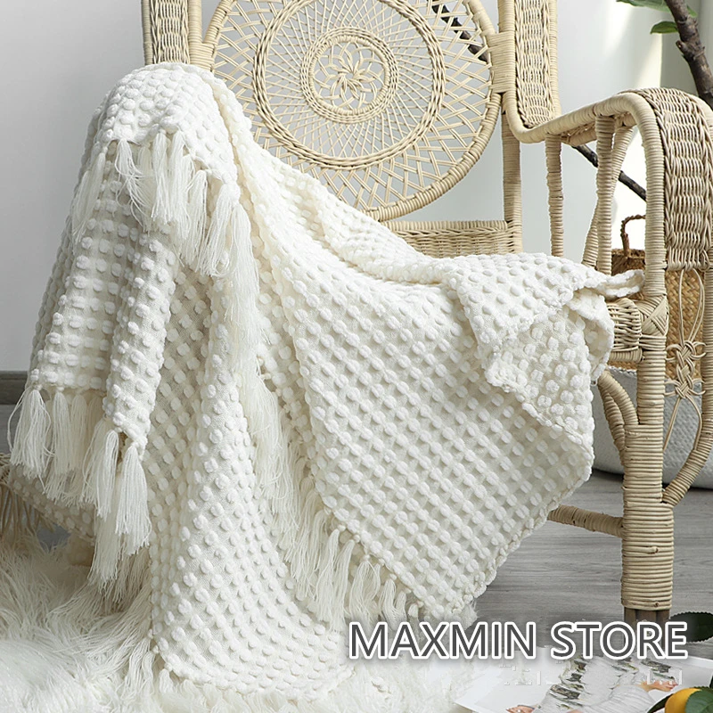 

Knitted Tassels White Sofa Throw Blanket Fringed Nordic Couch Blanket Soft Bed Cover Crochet Bed Runner Photographic Blanket