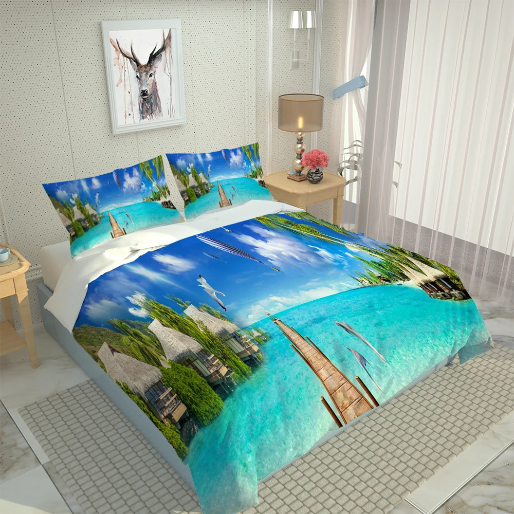 twin bedding blue beach wood birdge set Pillowcase Polyester Bed Set Home Textiles | Дом и сад