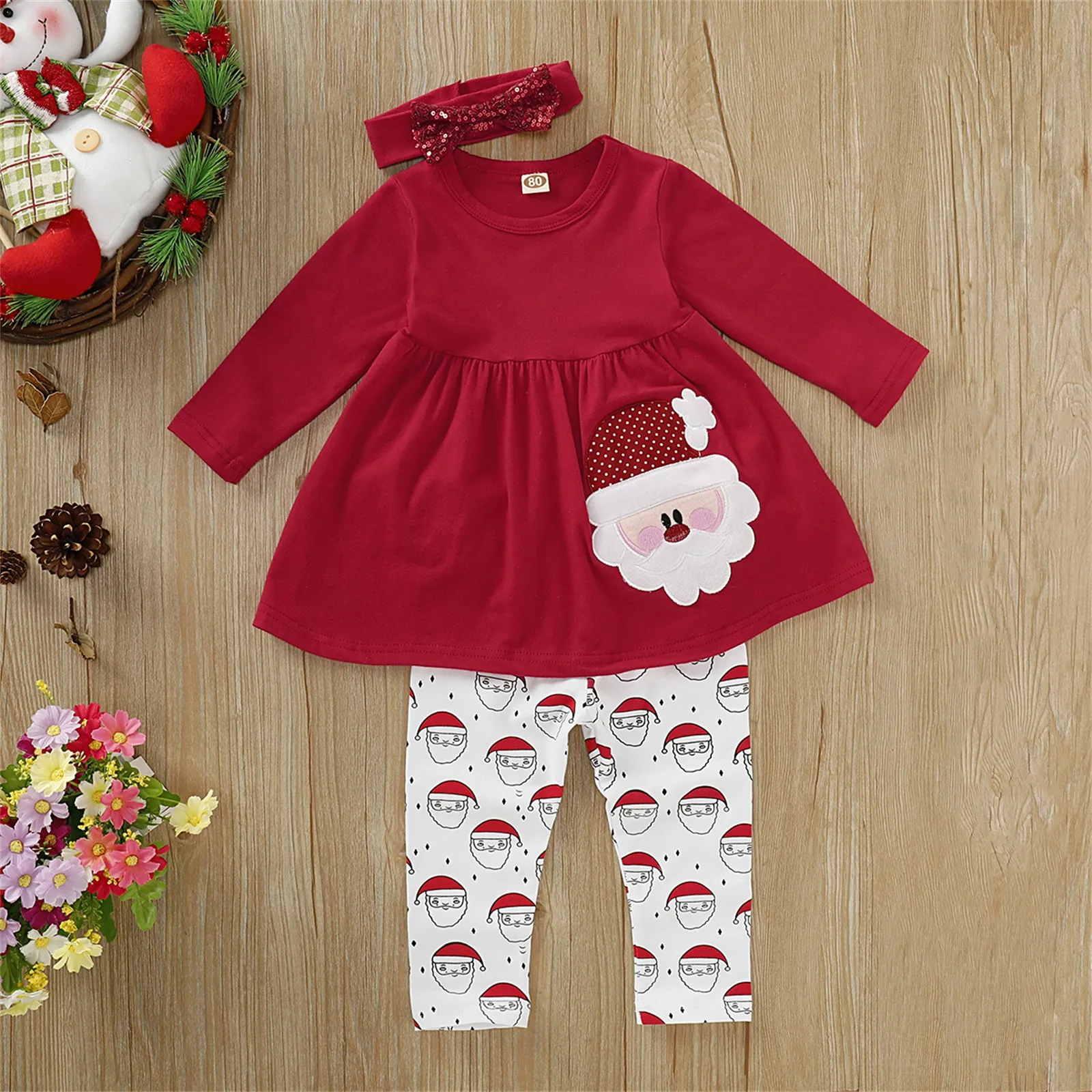 

2022 New Year Costume Baby Girls Christmas Clothes Santa Claus Pattern Long Sleeve Tops Leggings Fashion Christmas Baby Clothing