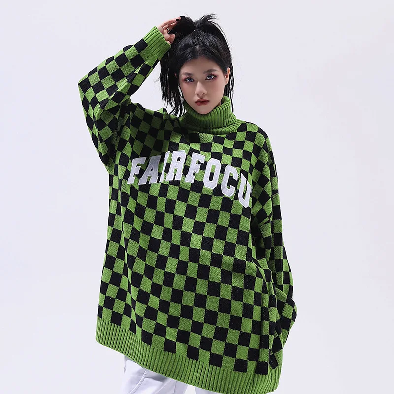 

Уличная мода Eukaaru для мужчин, модный Свободный клетчатый свитер с высоким воротником, женский свитер большого размера, осенний свитер для па...