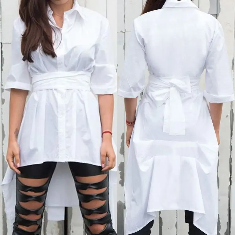 

Celmia Oversized Long Shirts Women Fashion Asymmetrical Blouses 2021 Summer Tunic Tops Ladies Lapel Belted Elegant Party Blusas