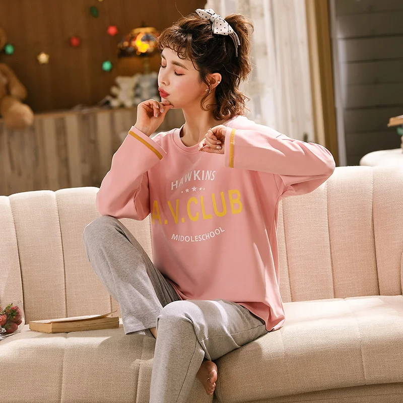 Foply Cartoon 100% Cotton Pajamas for Women Set Pyjamas Sleepwear Nightwear Pijama Mujer Home Wear Plus Size Long Pant Nightsuit