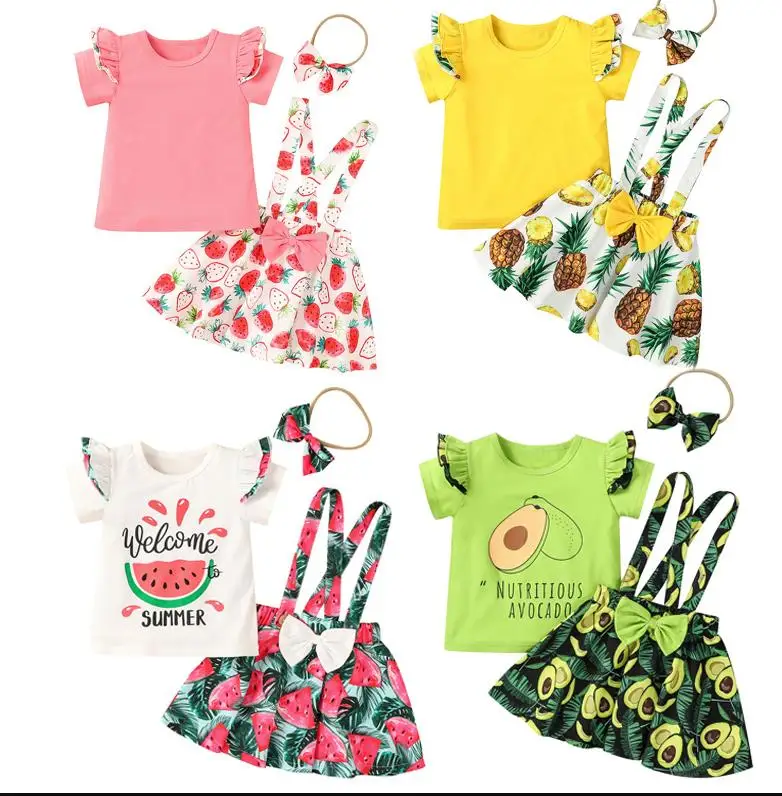 

Комплект для девочек из 3 предметов, футболка с круглым вырезом и коротким рукавом, принт арбуза, топ, юбка на подтяжках, повязка на голову, ле...