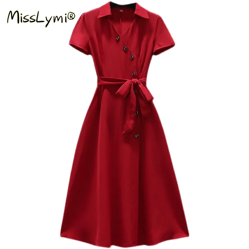 

5XL Plus Size Women Elegant Red Dress Summer 2021 Turn-down Collar Short Sleeve Irregular Buttons Loose Chiffon Shirt Dresses