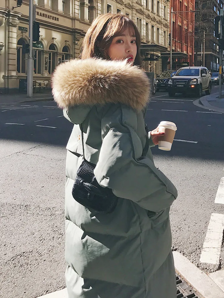 

Women's Winter Cotton-padded Jacket Korean Stye Large Fur Collar Hooded Long Down Cotton Parkas Warm Loose Clothing Women Coat