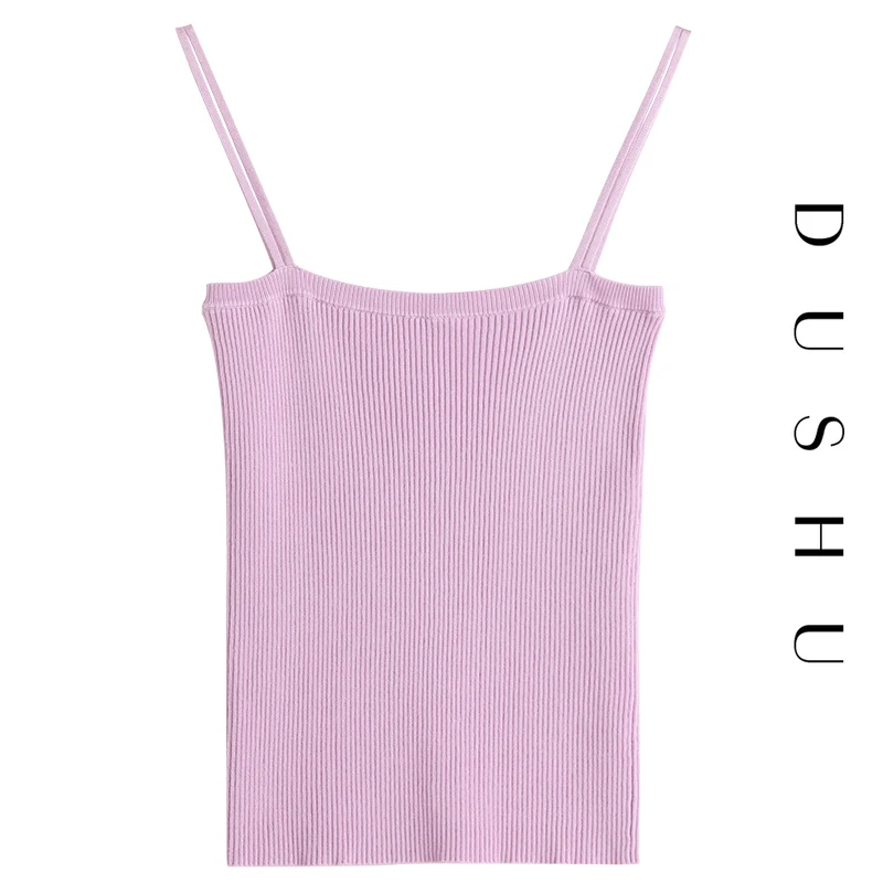 

FANSILANEN Office Lady Women's Shoulder Straps Knitted Black White Tanks Sling 2021 Summer Solid Color Elastic Vest