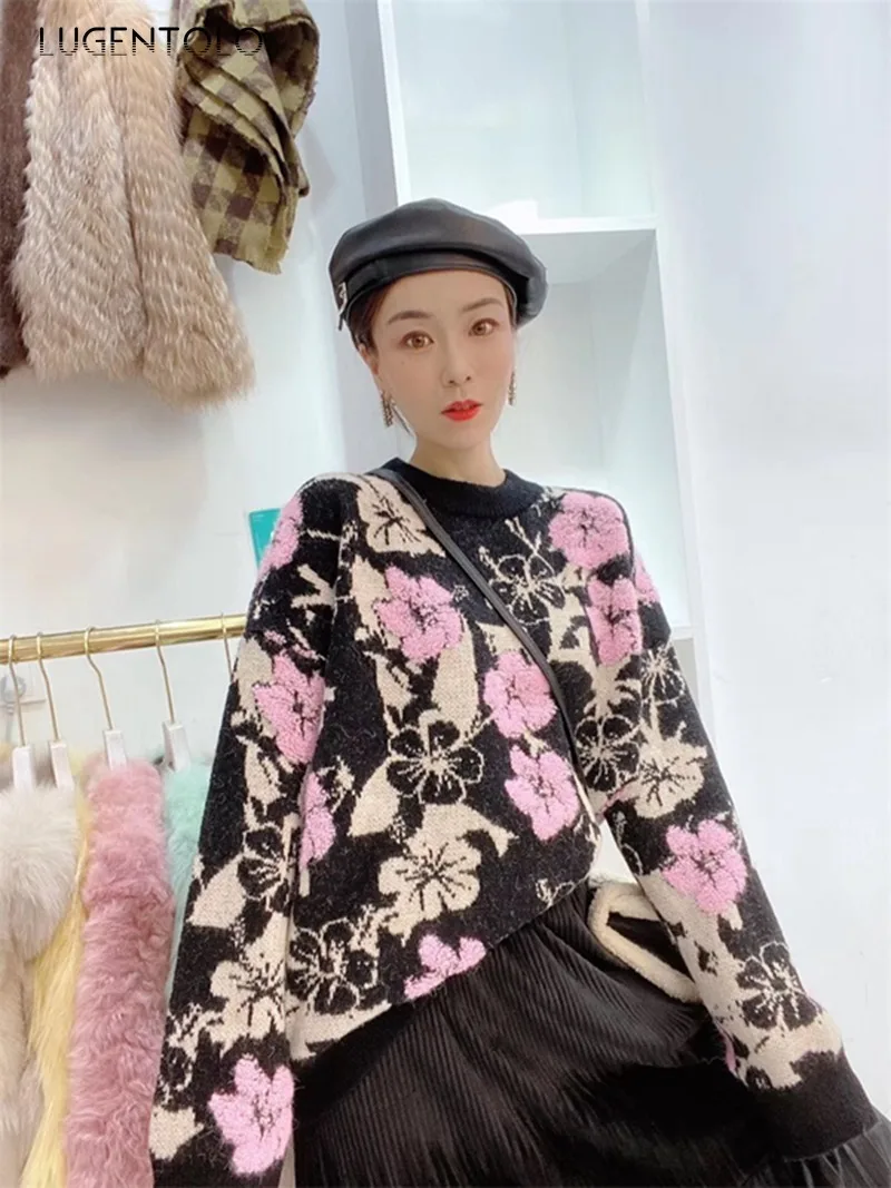 

Lugentolo Women Lazy Sweater Autumn Winter Korean Sweet All-match flower Loose Knitted Sweater Lady Fashion Pullover Sweaters