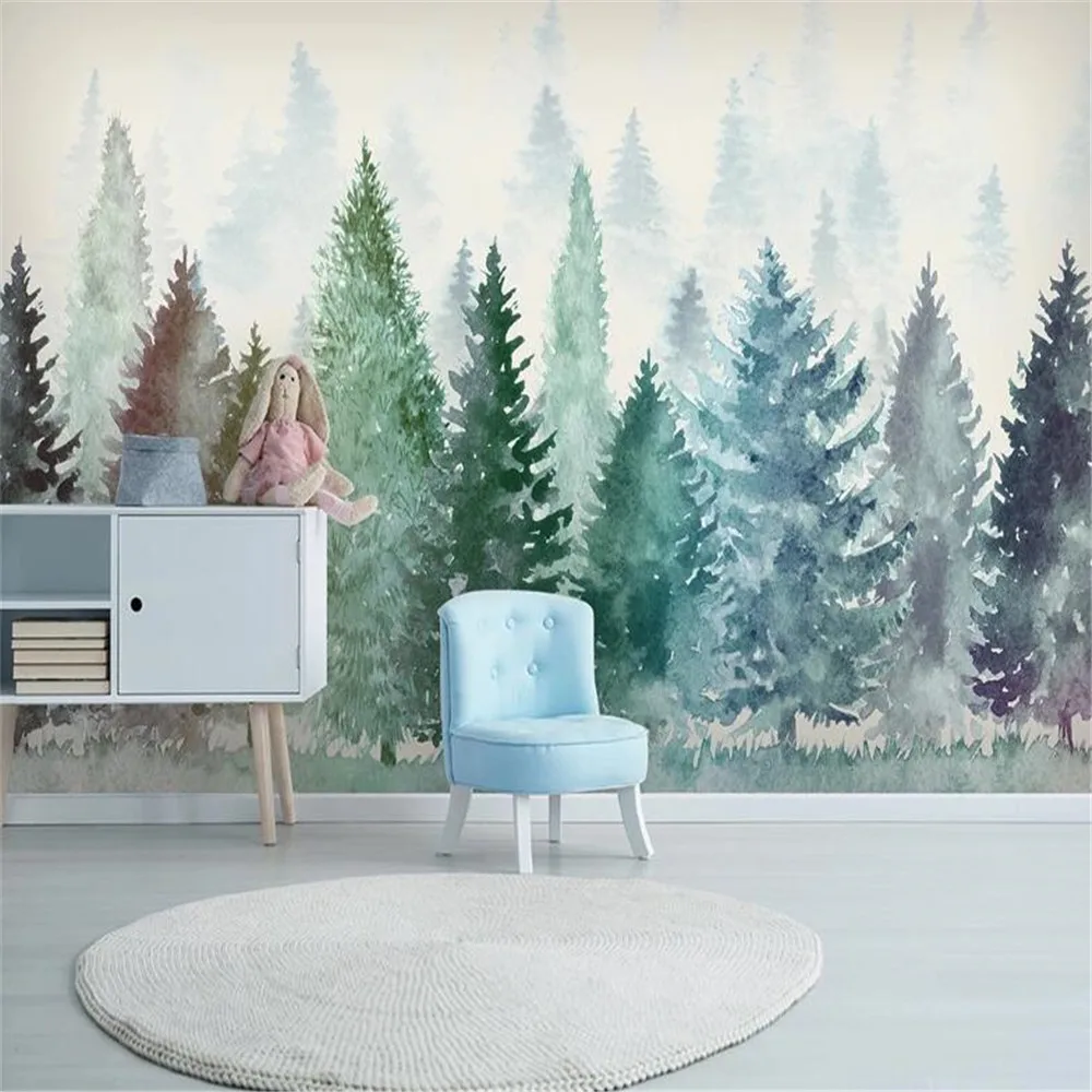 Milofi custom non-woven fabric mural wallpaper small fresh watercolor hand-painted forest foggy forest background wall mural