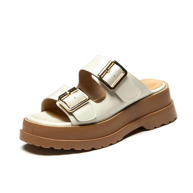 

Plus Size 34-42 Genuine Leather Slippers Women Shoes Buckle Platform Metal Buckle Summer Chunky Handmade Ladies Casual Shoes