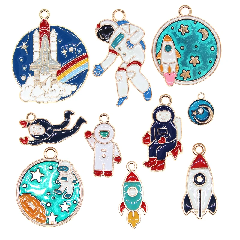 

10 шт./лот эмалевые подвески для самодельных сережек с изображением Вселенной астронавта ракеты планеты ртути ювелирные изделия для девушек своими руками XL1016 2021 Новинка