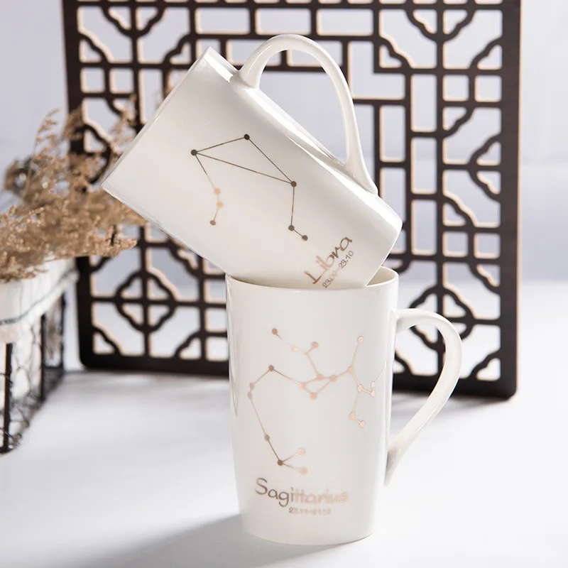 

Creative Twelve Constellation 400ml Ceramic Mugs Simple Office Home Afternoon Tea With Lid Spoon Couple White Porcelain Mugs