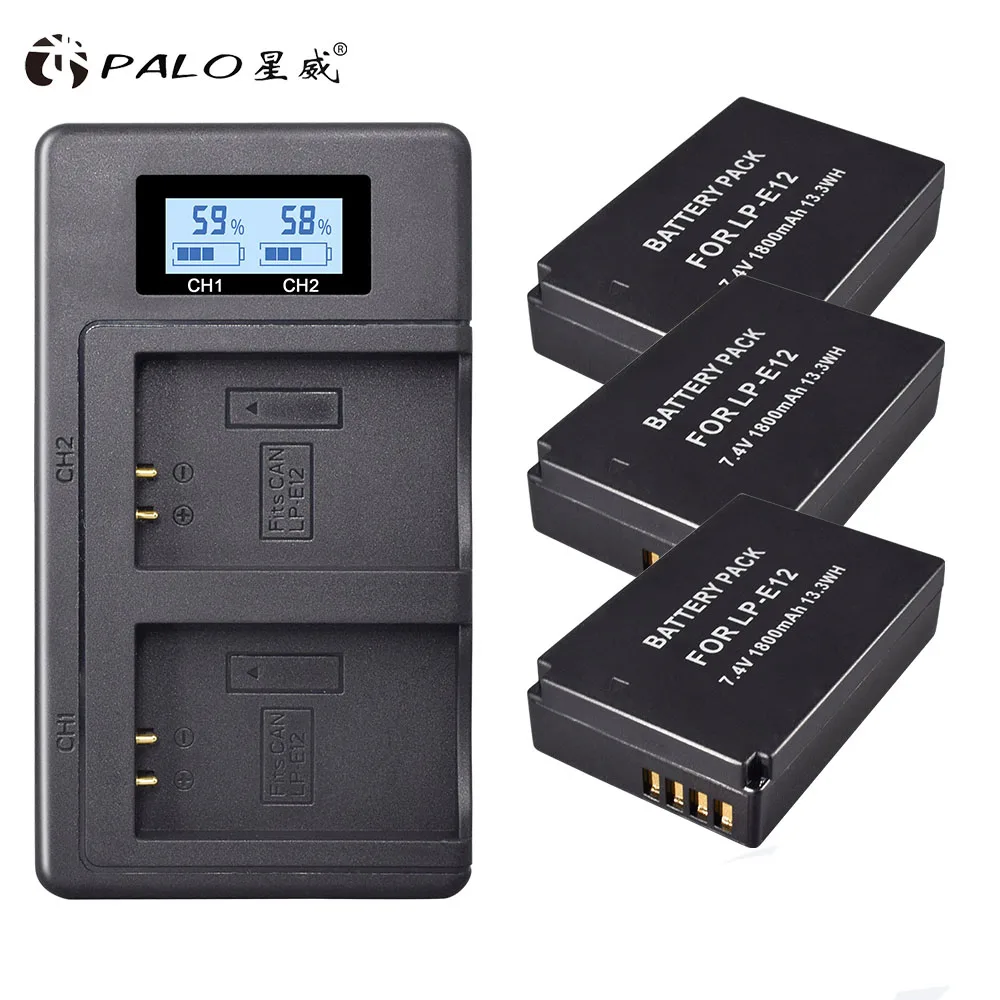 Palo 7,4 V 1800mAh большой емкости цифровой аккумулятор LP-E12 LPE12 LP E12 для камеры canon EOS M M10 M50 M100 M100D rebel SL1 Kiss X7 - Цвет: 3 battery 1 charger