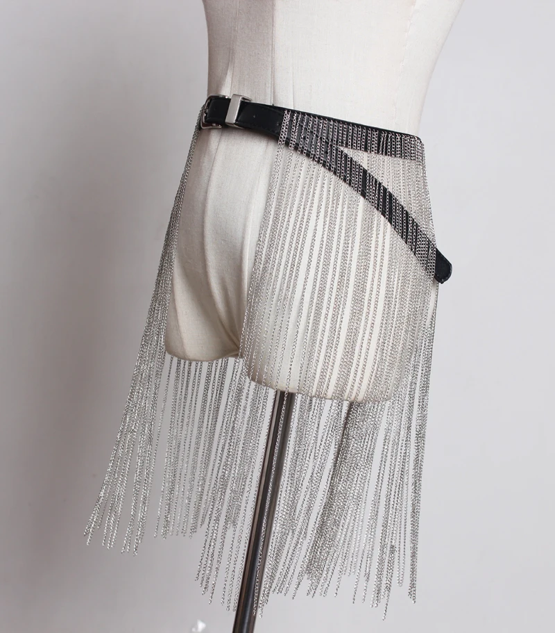 

2021 punk style personality long fringed chain skirt ladies girdle fashion wide belt elastic black belt