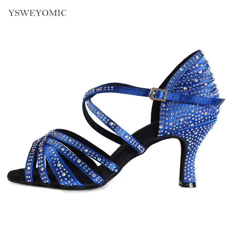 Women shoes For dance Blue Black Satin Rhinestones Latin Salsa Bachata Cha cha meduim Heel Trainning Bachata Latin Dance Shoes