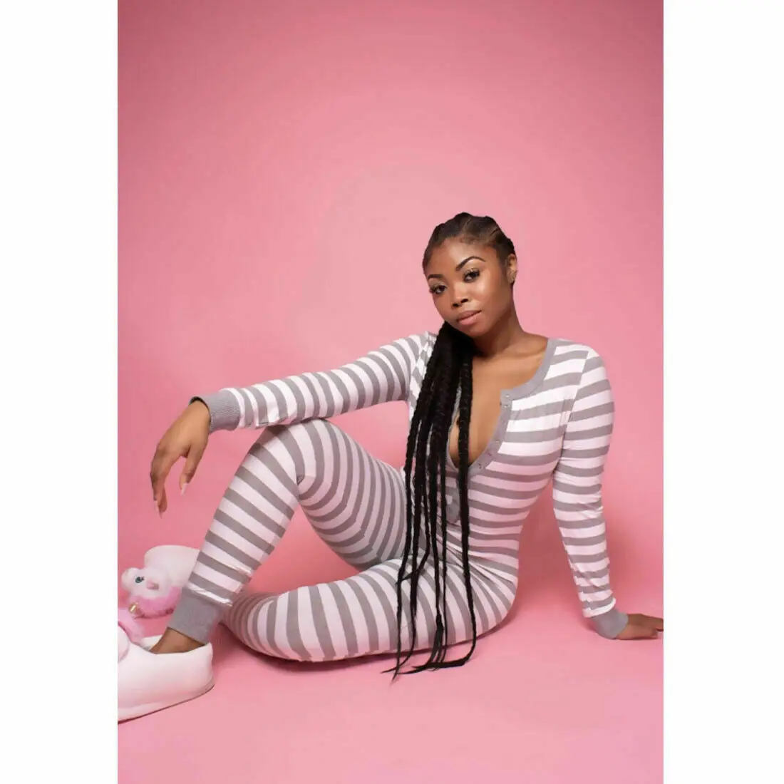 Sexy Womens One Piece Romper Long Sleeve Stripe  V-neck Bodysuit Jumpsuit Sleepwear Nightwear
