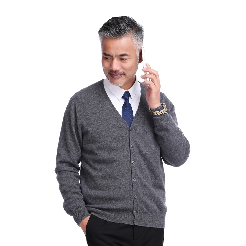YJMY Inner Mongolian Cashmere Cardigan Men V-neck Button Ribbed Cuffs Hem Knit Spring Autumn Sweater in Slava Store - Цвет: Gray