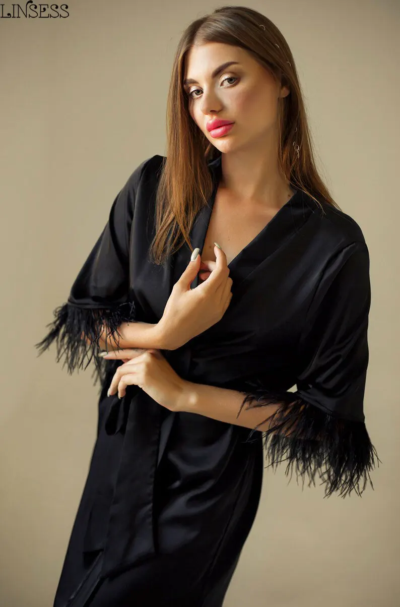 Black Silk Robe Feather Robes For Women Kimono Robe Birthday Gift Bohemian Dressing Gown Bridesmaid Kimono Wedding Dressing Gown