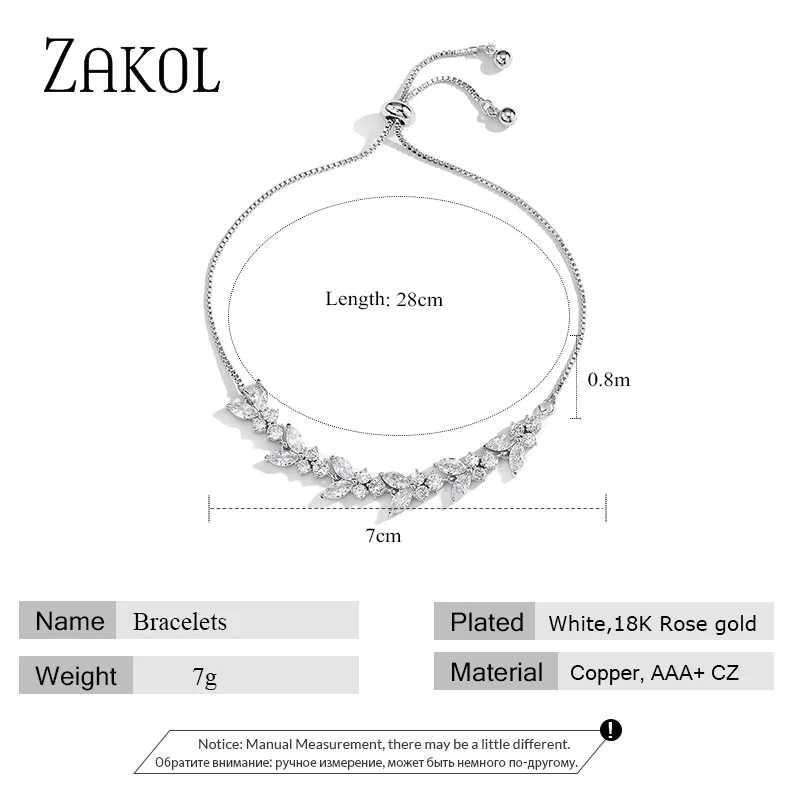 

ZAKOL New Arrival Fashion White Cubic Zirconia Leaf Adjustable Bracelets for Women Bridal Wedding Party Jewelry FSBP5003