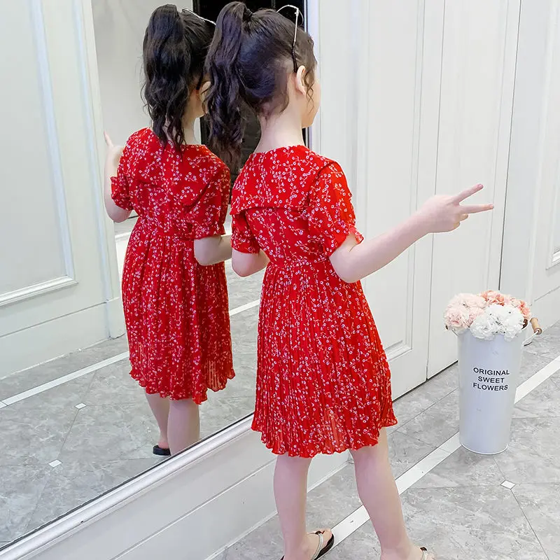 

Korean Summer Girls Dress Kids Clothes Fashion Floral Print Chiffon Pleated Skirt Princess Sweet Outfits Clothes Children Toddle
