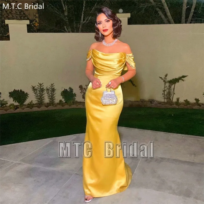 

Gold Evening Dress Long Mermaid Off The Shoulder Elegant Women Prom Gown Crystal Satin Plus Size Wedding Party Dresses Cheap