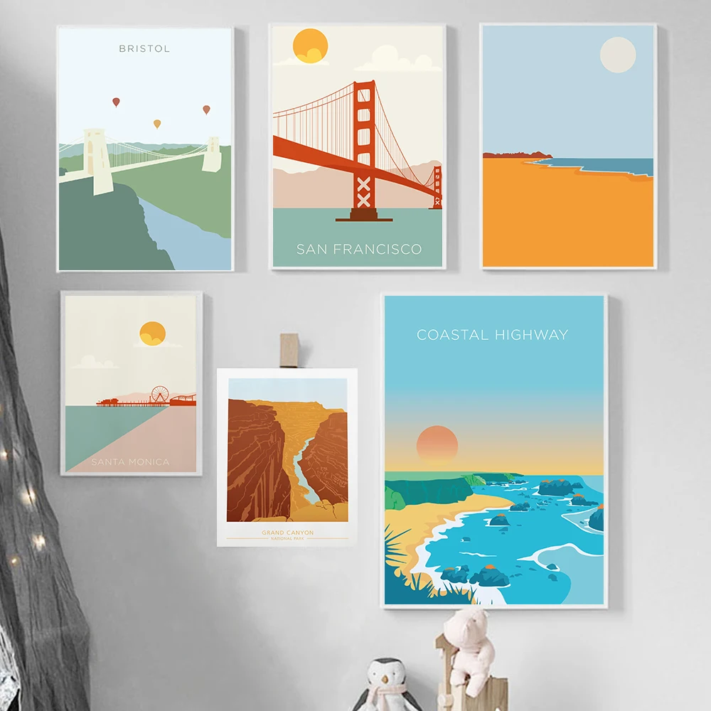 Винтажный постер в скандинавском стиле путешествия города Сан-Франциско Золотые