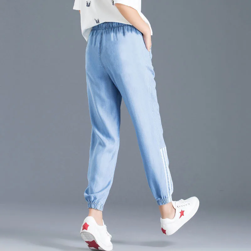 

Women Summer Thin Tencel Jeans Elastic High Waist Drawstring Side Stripe Ankle-length Loose Breathable Cuff Pencil Jean Trousers
