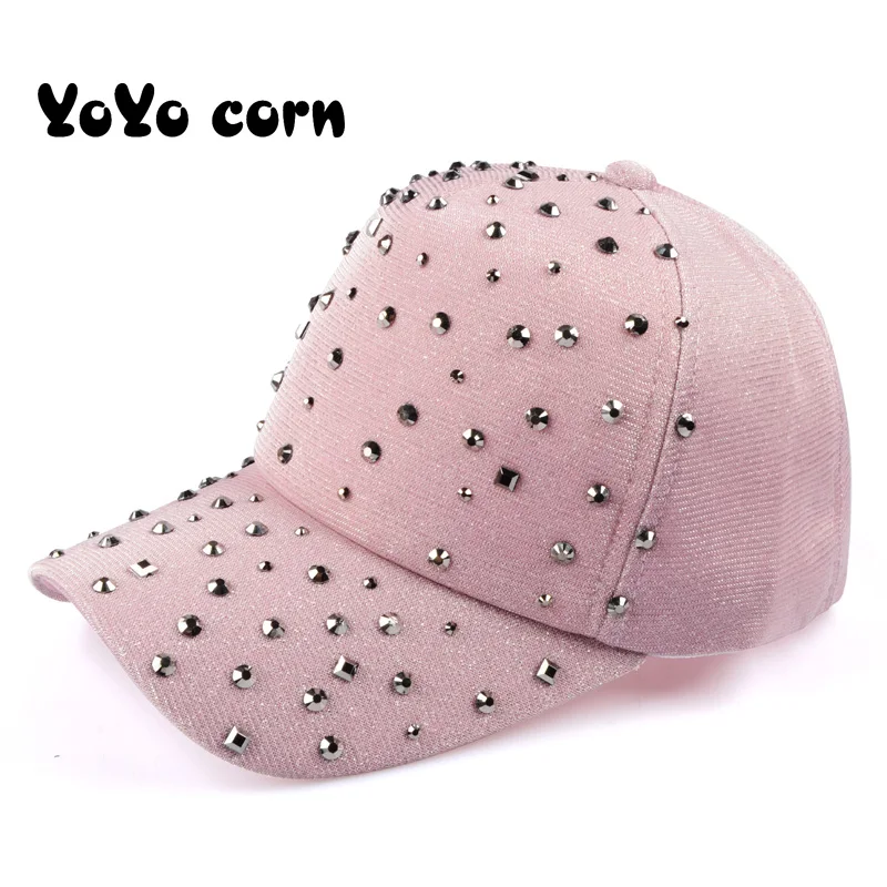 YOYOCORN модные женские Стразы Шапки Diamond Защита от солнца Кепки козырьком можно носить задом наперед бейсбольные кепки, однотонные летние Бейсбол Кепки s для девочек - Цвет: Pink