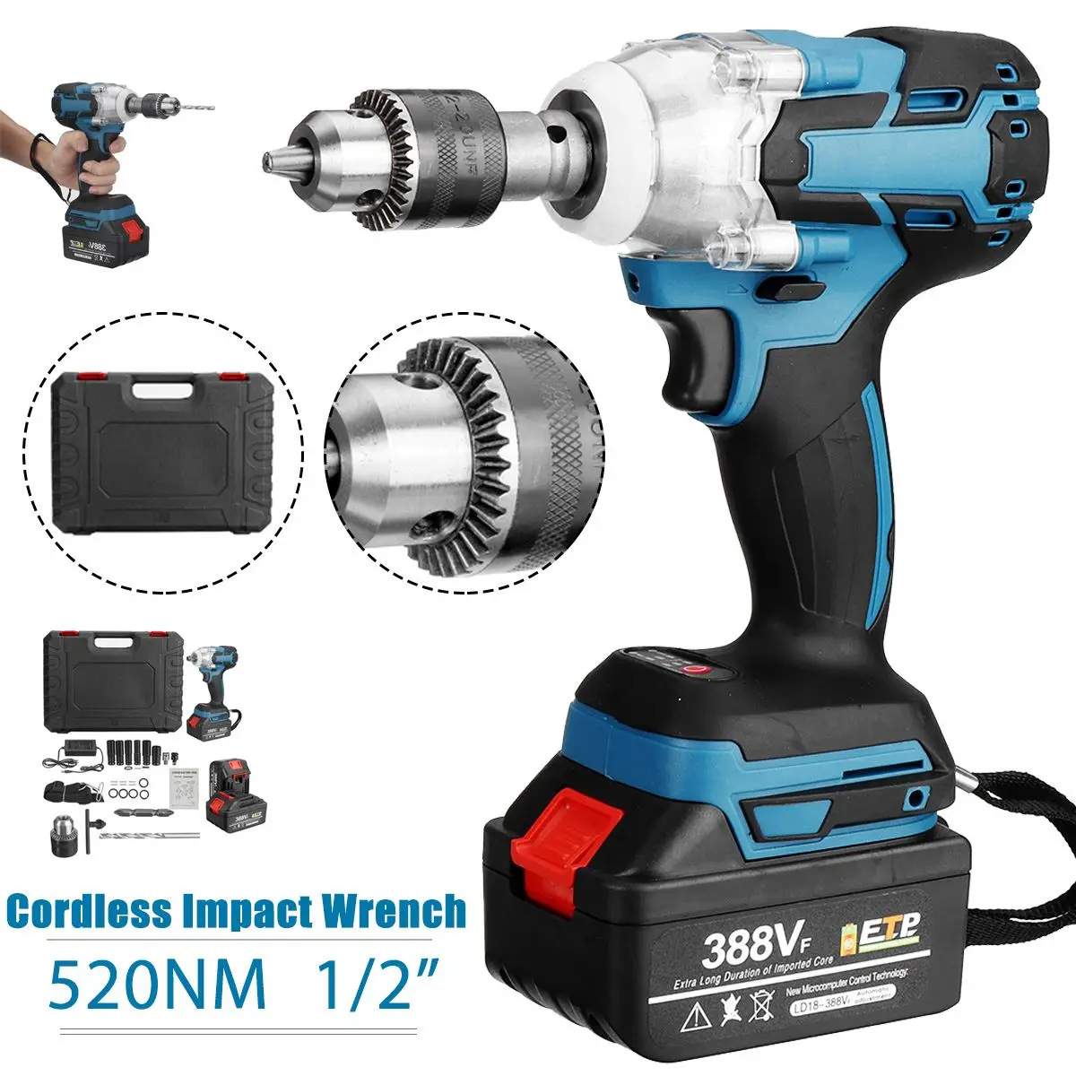 

520NM 388VF Rechargeable Brushless Cordless Electric Impact Wrench 21V Electric Wrench with 2 Li-Battery 1/2" Socket Power Tools