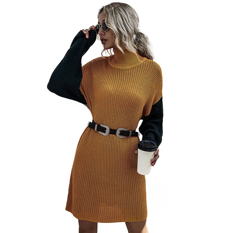 

Long sleeve knitted slim fitting wool dress for women