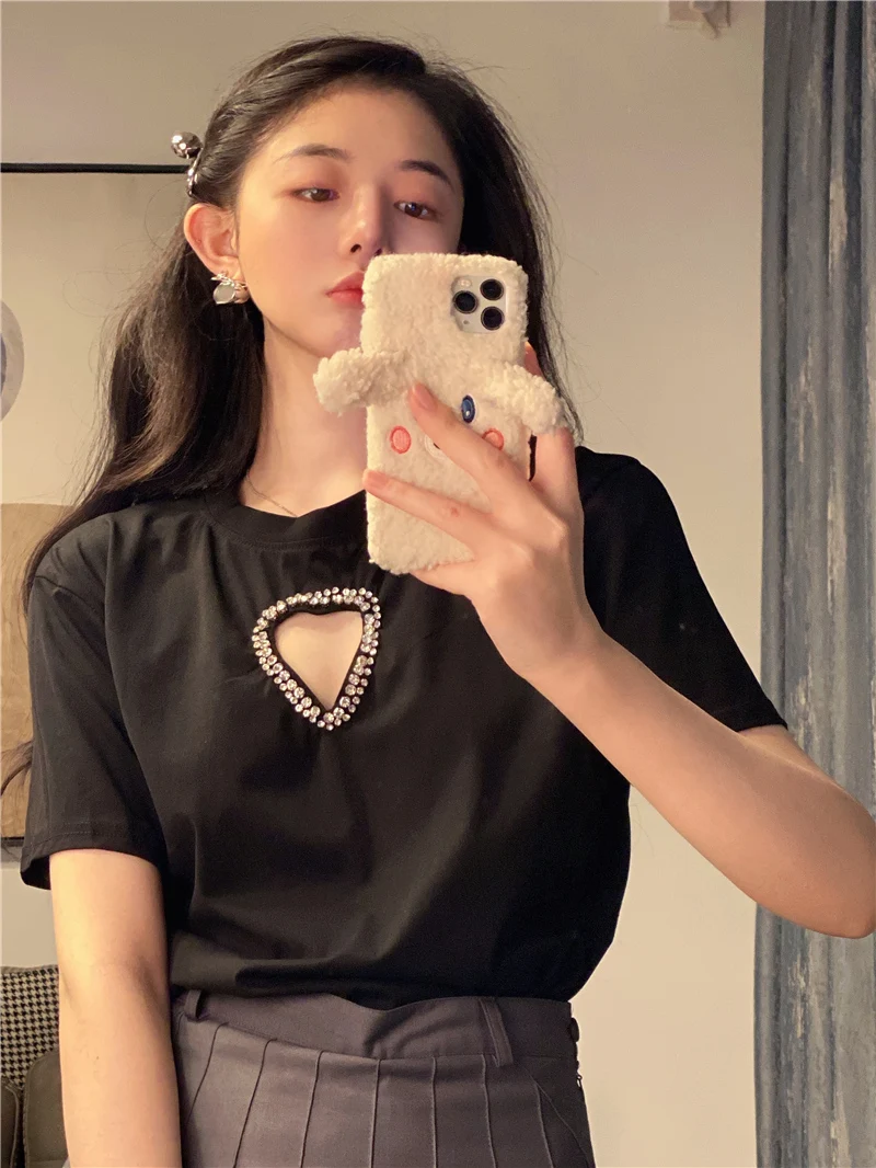

KK559 2021 new design sense carefully machine hollow diamond-studded love sweet short-sleeved T-shirt