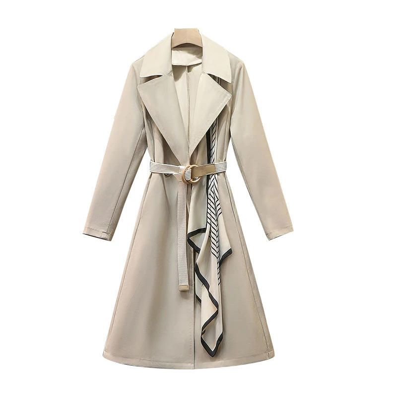 

PERHAPS U Women Khaki Green Black Belt Notch Collar Long Sleeve Sash Trench Autumn Casual C0346