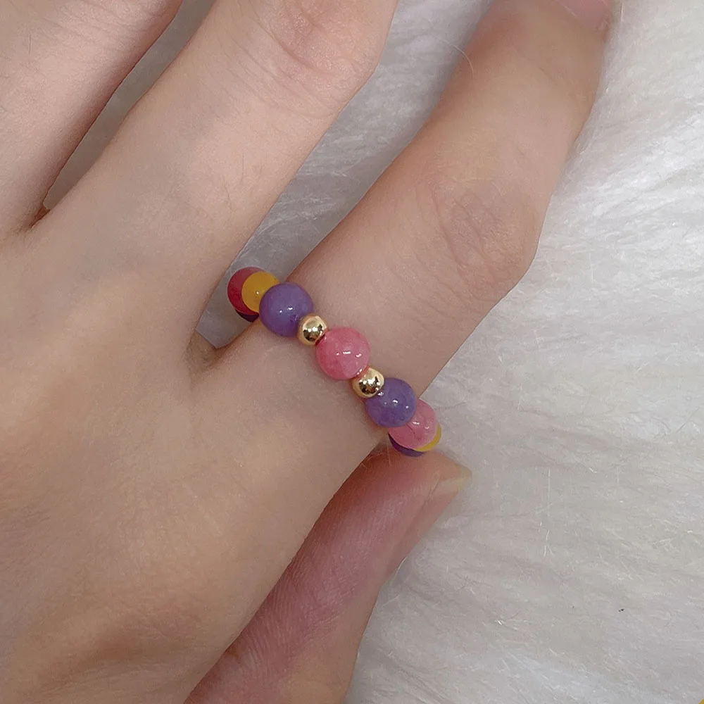 

Rose Quartz Rings for Teen Girls Purple Yellow Agate Natural Stones Gold Beads Decorations Aesthetic Adjustable Jewelry Gift