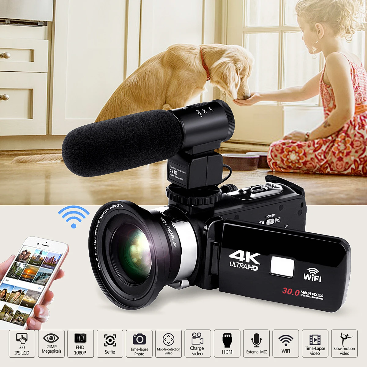 KINCO 1080P CMOS 4K WiFi Ultras HD 12 миллионов пикселей сенсор Цифровая видеокамера DV объектив микрофон