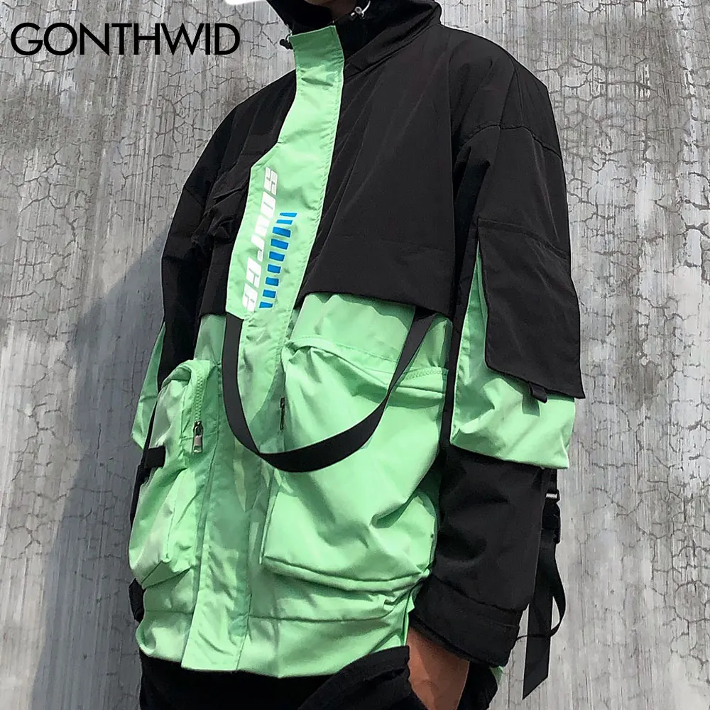 

GONTHWID Cargo Hooded Jackets Streetwear Hip Hop Multi Zipper Pockets Ribbon Coat Harajuku Hipster Casual Punk Rock Tops Outwear