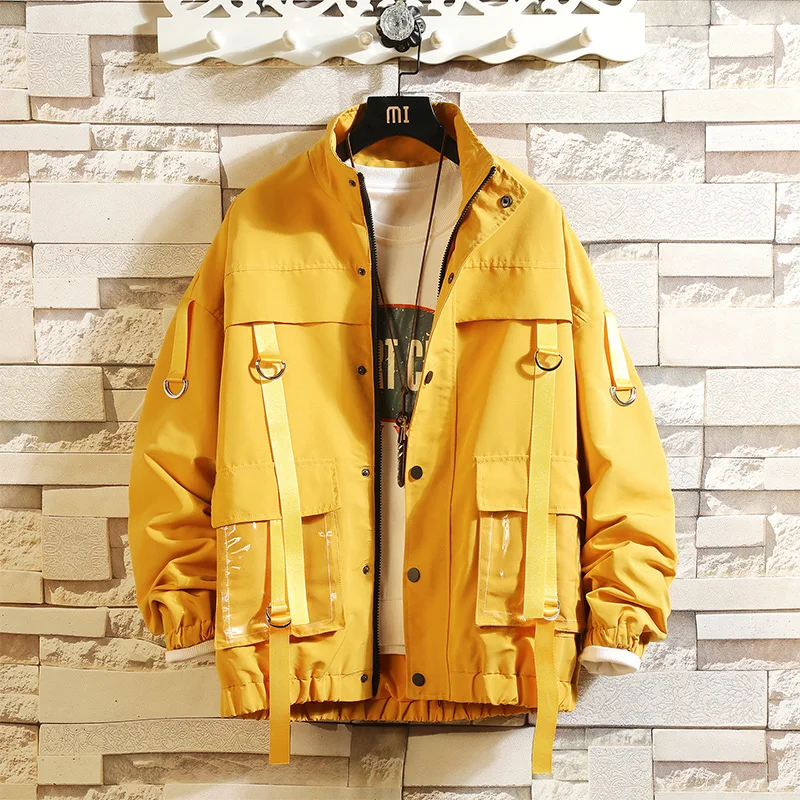 

Men Military Bomber Jacket Ribbons Pockets New Spring Autumn Mens Streetwear Fashion Coat Casual Jackets Man Outwear