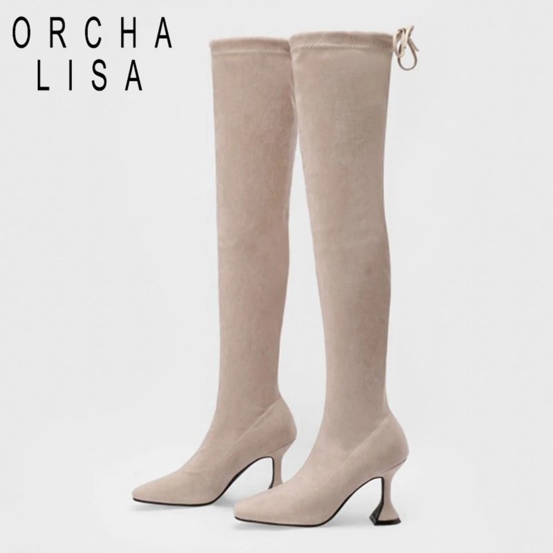 

ORCHALISA Sexy Women Luxury Party Over Knee High Boots Stretch Suede Pull On 12cm Stileeto Heel Ladies Plus Size 49 S2466
