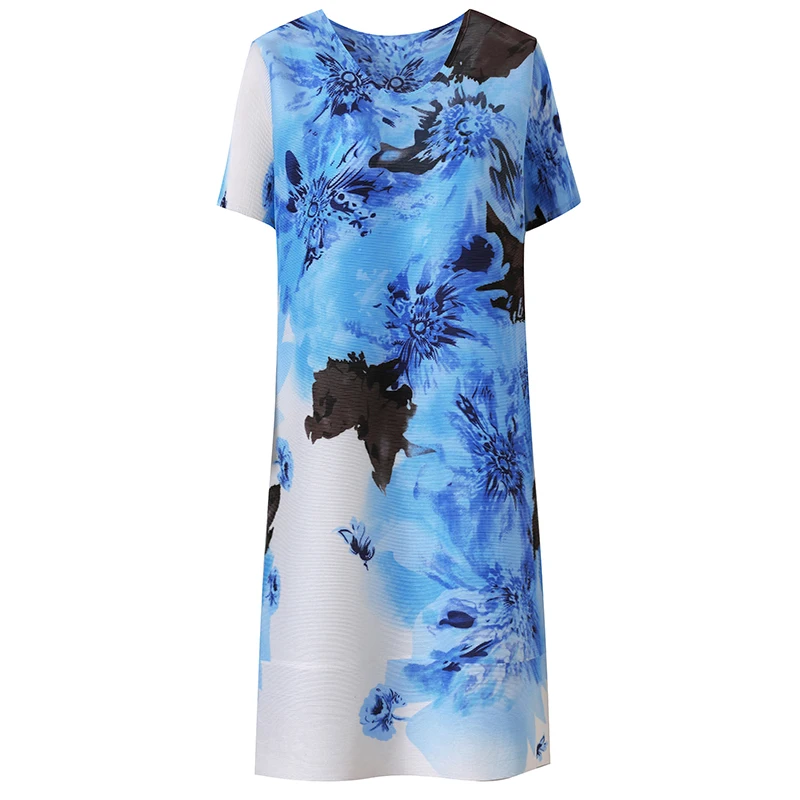 

Summer Dress Plus Size Women 2021 New Elastic Loose Miyake Pleated Round Neck Short Sleeve Printed Dress For Women 45-75kg